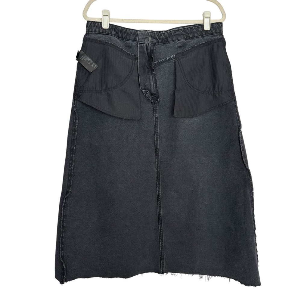 Free People WE THE FREE Black Denim Midi Skirt 8 Raw Hem Y2K Minimalist Grunge - Picture 10 of 14